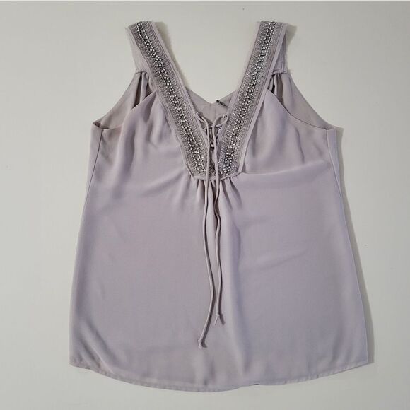 BKE Women's Silvery Grey Embellished Chiffon Lined Lace-up Tank Blouse - Picture 6 of 16